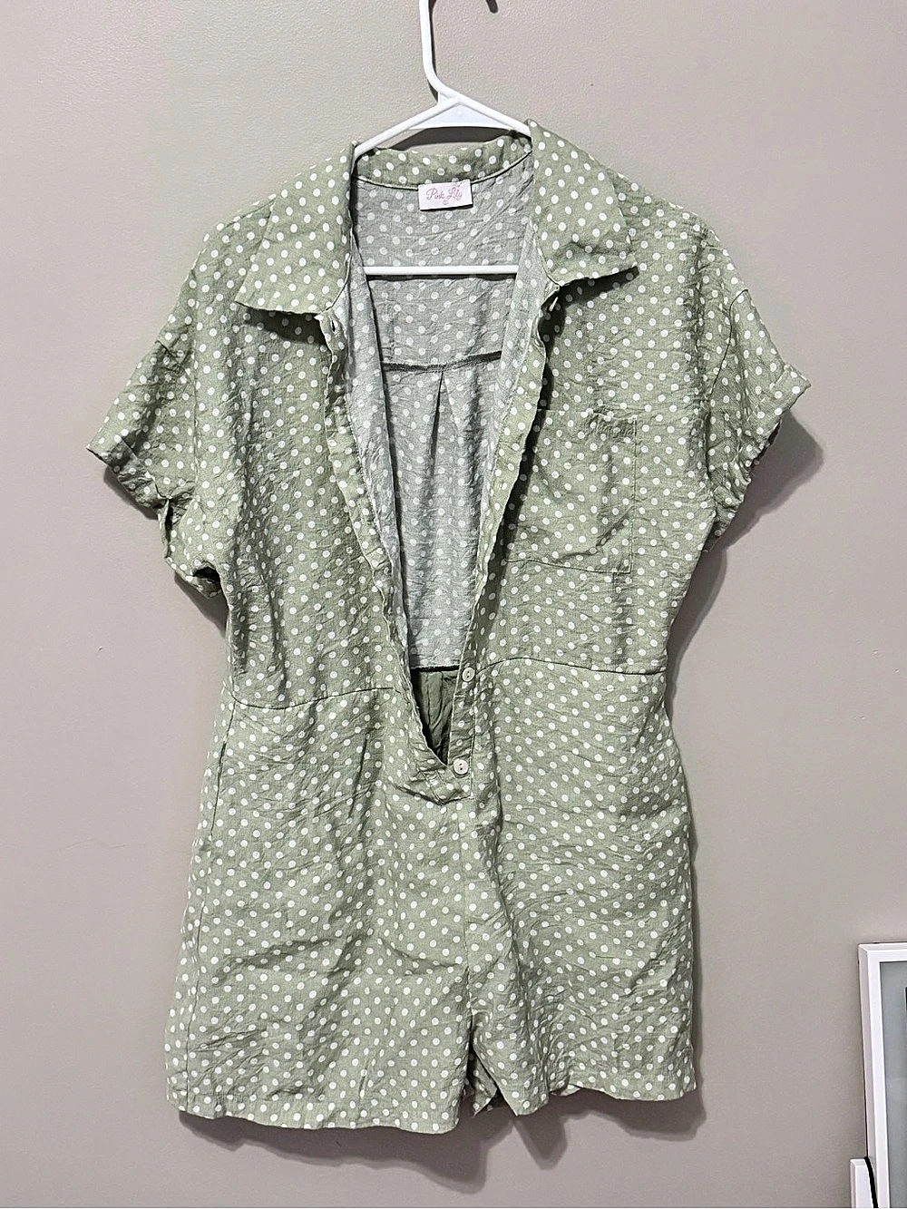 Pink Lily Comes And Goes Sage Polka Dot Button Up Romper